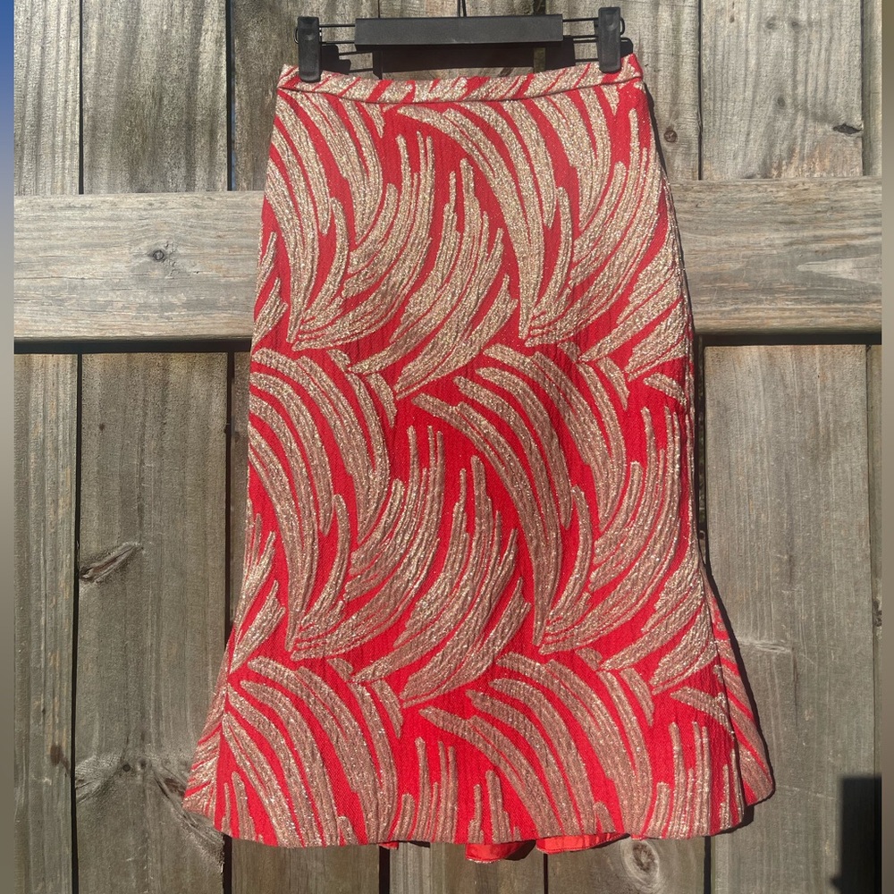 J Crew Collection Black Label Orange and Metallic Gold Patterned Skirt Size 00
